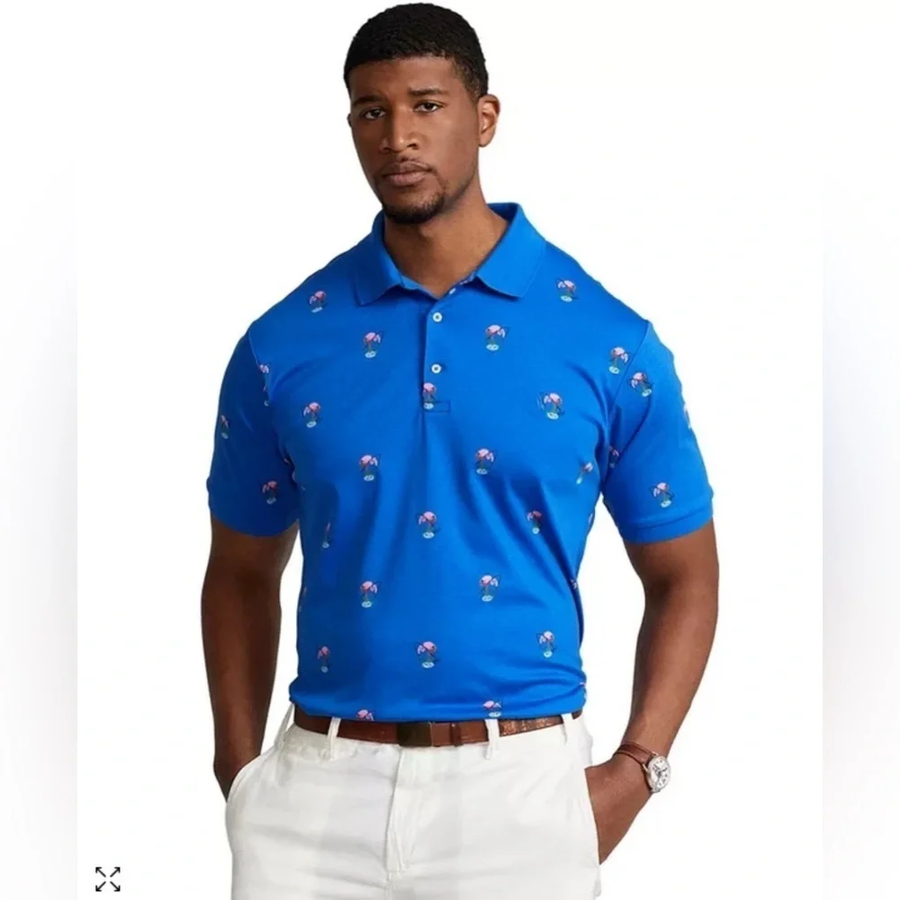 Polo Ralph Lauren Mens 2TG (2X Tall) Short Sleeve Shirt Blue Pink Flamingo